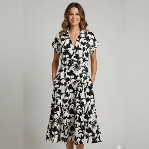 WD.NY Womens Black White Floral Midi Dress Tiered Button Front Collar Medium